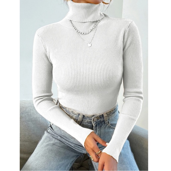 White Rib Knit Turtleneck Sweater Top Long Sleeve - Picture 3 of 8